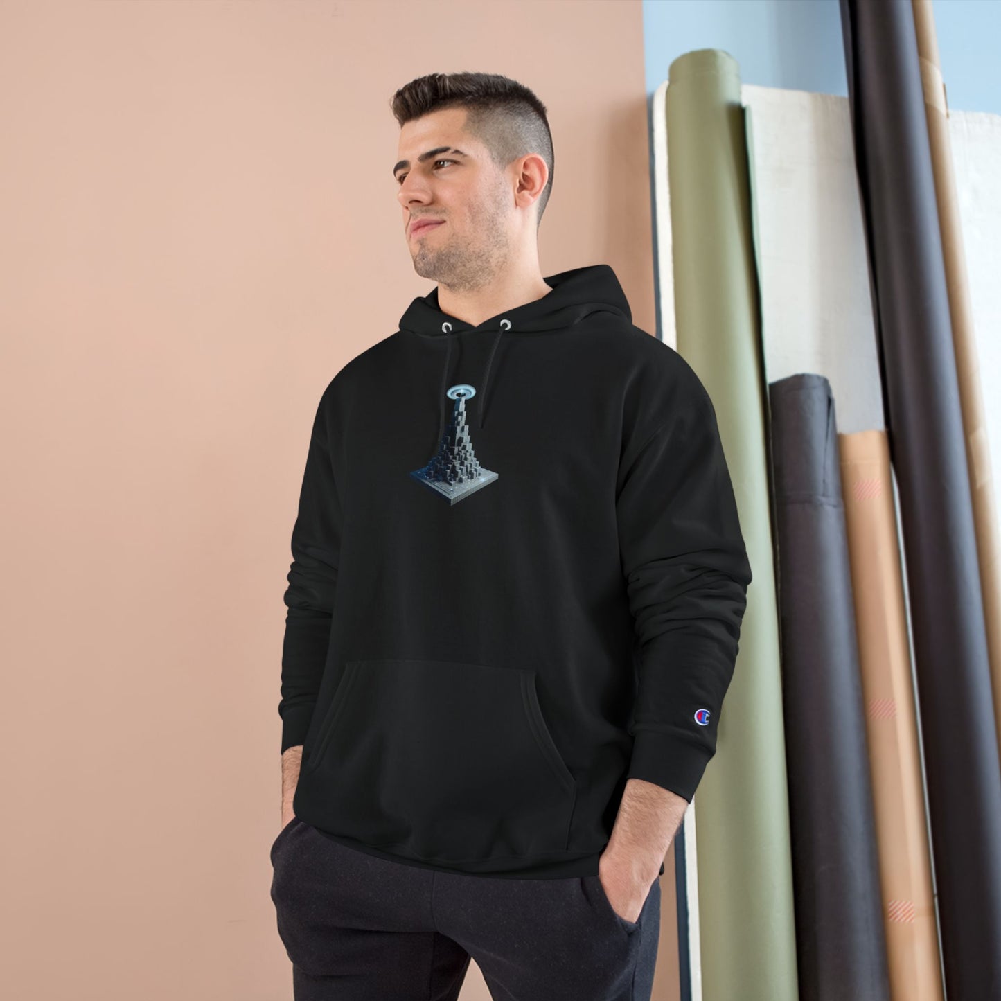 Artistic Champion Hoodie with Unique Graphic Design