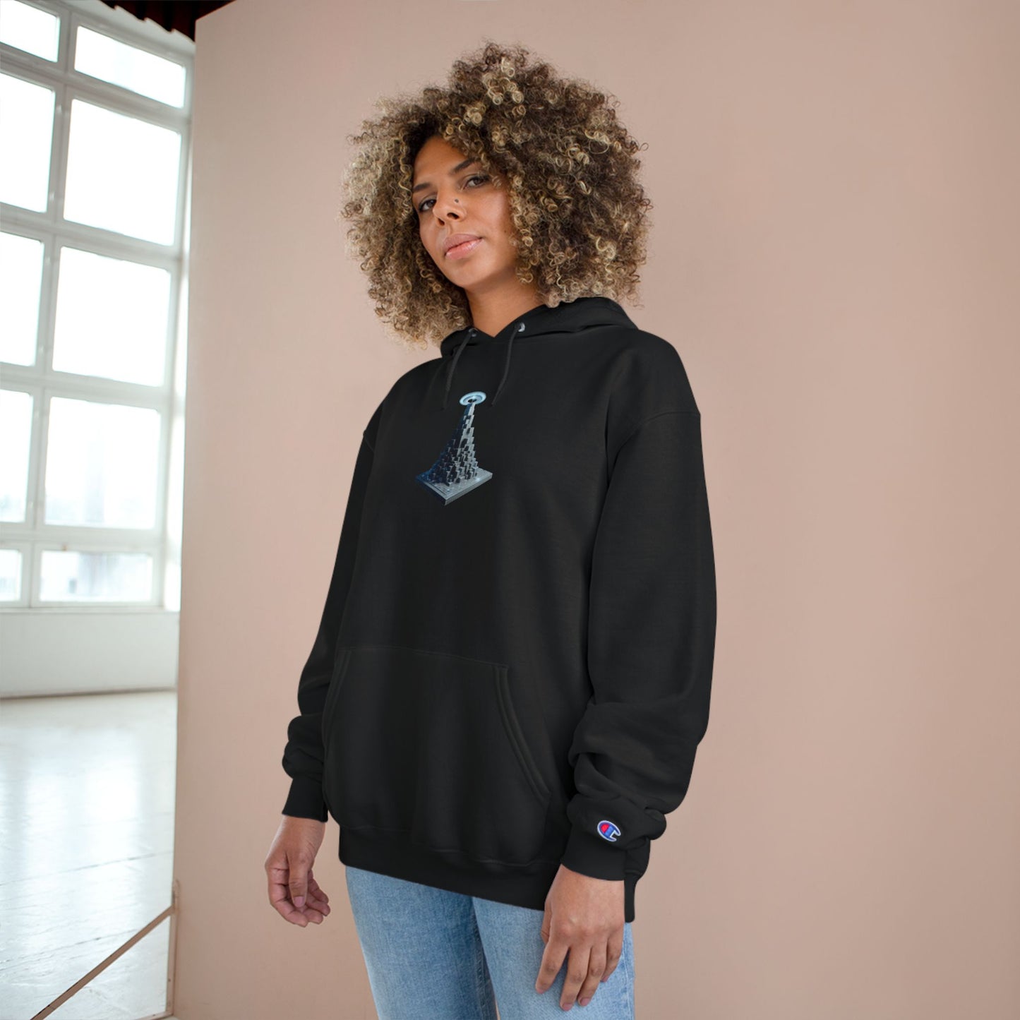 Artistic Champion Hoodie with Unique Graphic Design